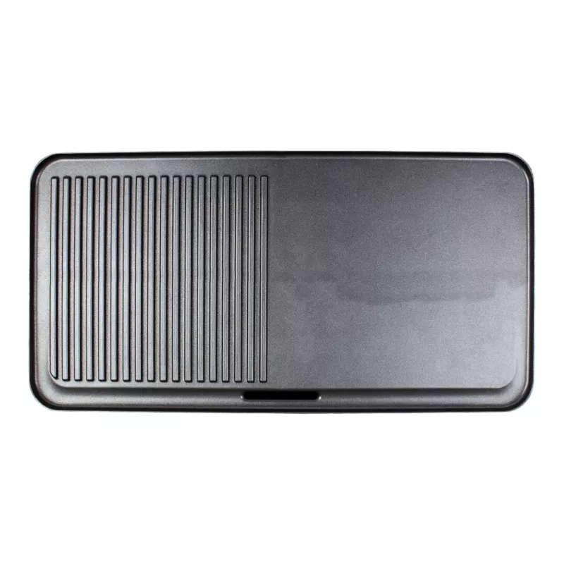 Grelhador de mesa elétrico Rommelsbacher BBQ 2003 — 1900 W, 50×25 cm, canelado + teppanyaki, termostato contínuo, prateado/preto