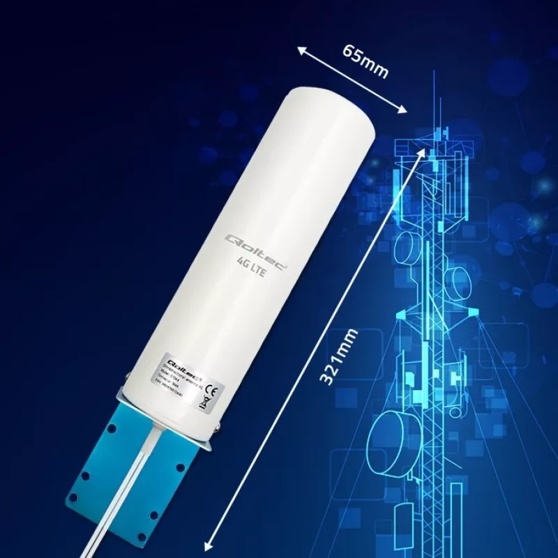 Antena 4G LTE omnidirecional exterior QOLTEC 57044, 5 dBi, 600–2700 MHz, 50 W, 50 Ω, caixa de cobre branca
