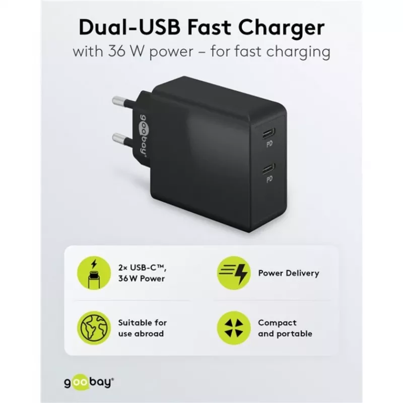 Carregador de interior Goobay 61757 Carregamento rápido USB Type-C 2 Portas Preto