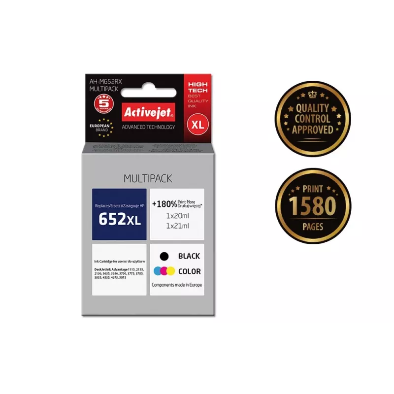 Tinta Activejet AH-M652RX (substitui HP 652 F6V25AE/F6V24AE; Premium; 1 x 20 ml, 1 x 21 ml; preto, cor)