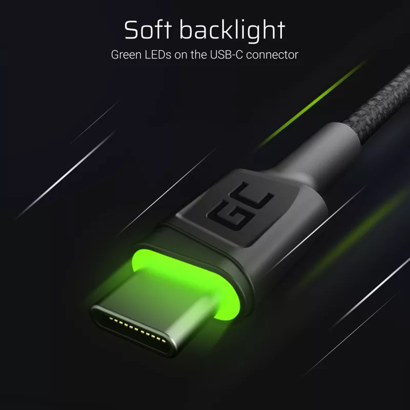 Green Cell Ray KABGCSET02 conjunto de cabos USB-A para USB-C (3 un.), 1,2 m, 480 Mbps, retroiluminação LED verde