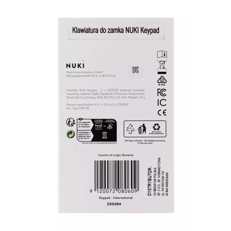 Fechadura inteligente NUKI — Bluetooth (5.0) IP65 teclado de códigos pilhas CR2032 incluídas