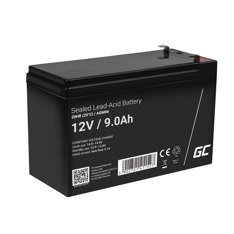 Bateria UPS Green Cell AGM06 — 12 V 9 Ah chumbo-ácido (VRLA) 95 × 151 × 65 mm, 2,3 kg