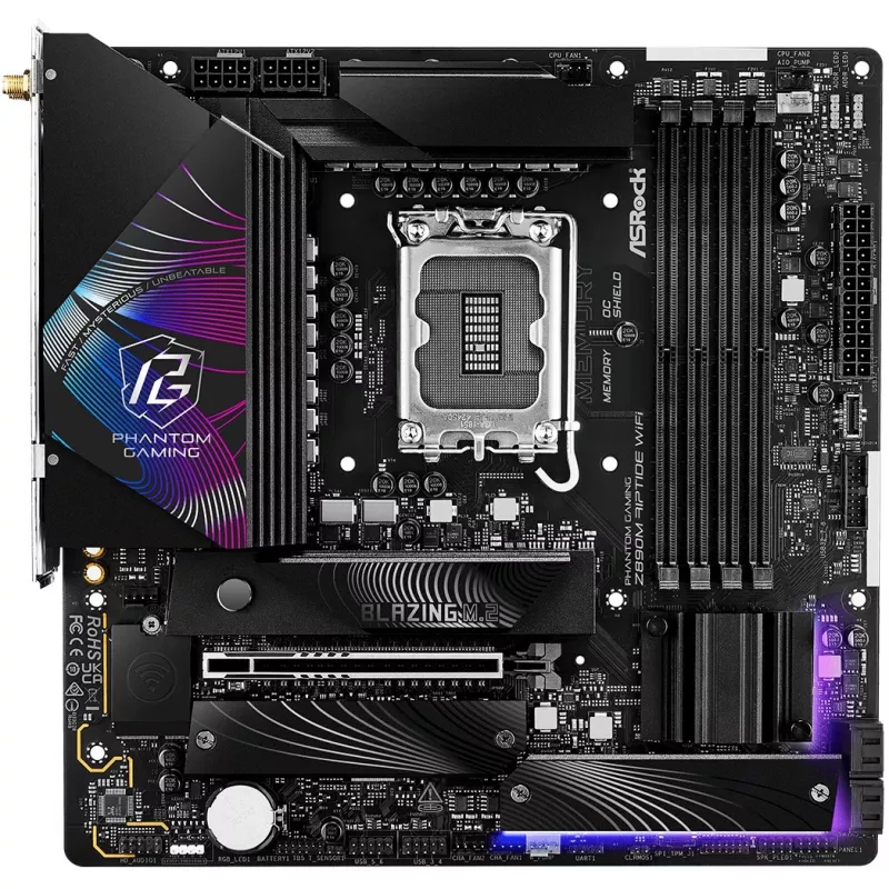ASRock Phantom Gaming Z890M Riptide WiFi placa-mãe, Intel Z890, LGA1851, micro ATX, DDR5, até 256 GB, Wi-Fi 6E, Bluetooth, LAN 5GbE, USB4