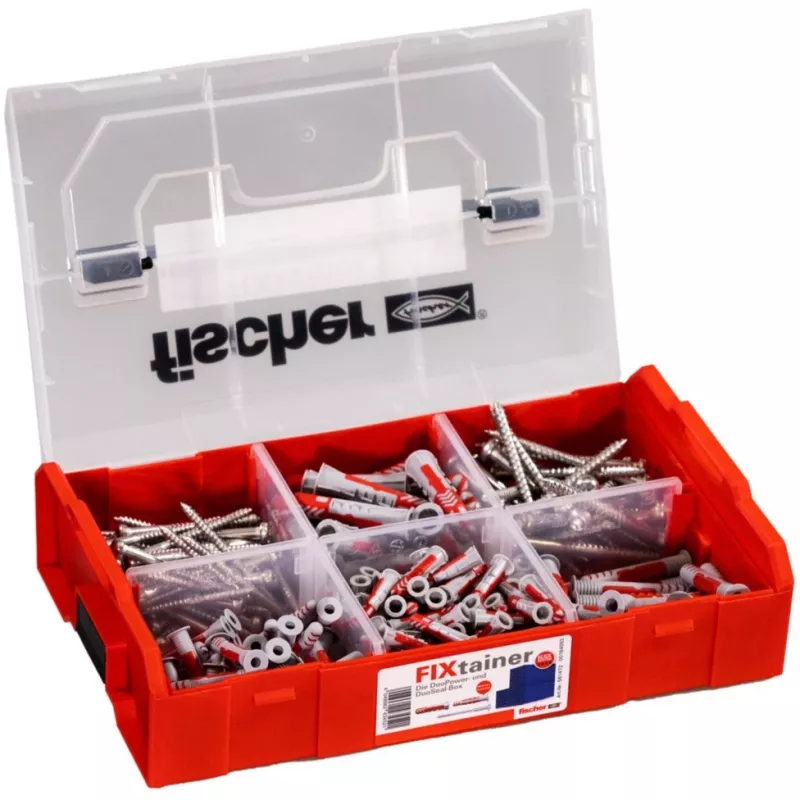 FixTainer - DUOPOWER & DUOSEAL + parafusos, buchas cinzento-claro/vermelho, 275 peças
