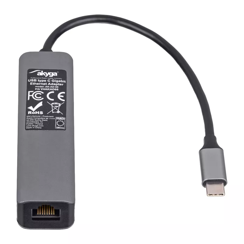 Hub USB-C Akyga AK-AD-66 com 3x USB 3.0 e Gigabit Ethernet, 15 cm, preto