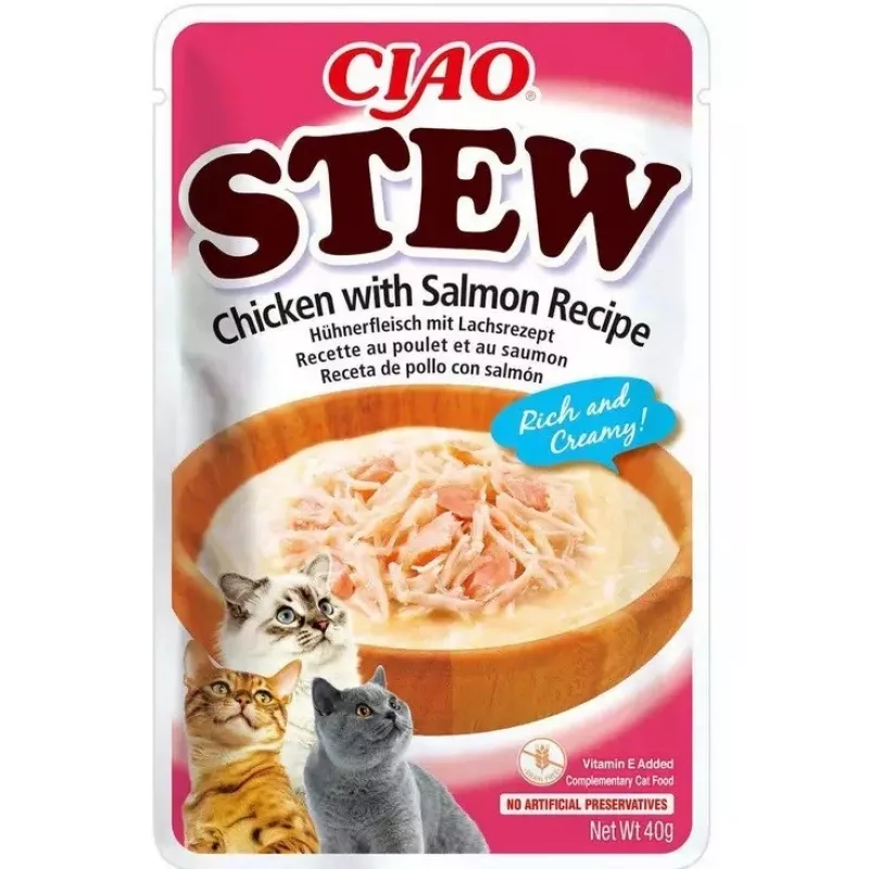 Snack húmido para gatos INABA Ciao guisado de frango e salmão saqueta 40 g — carnudo, sem cereais, para gatos adultos