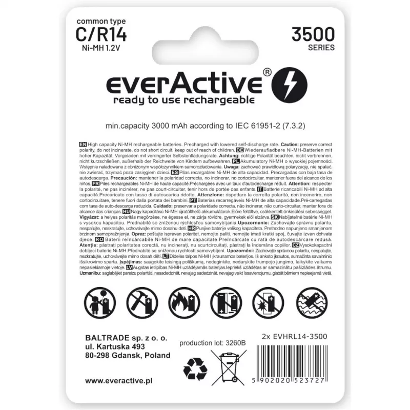 Pilhas recarregáveis everActive R14/C Ni-MH 3500 mAh prontas a usar