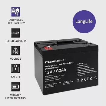 Bateria AGM Qoltec | 12V | 80Ah | 23,5kg | sem manutenção | potente | LongLife | para UPS, autocaravana, barco, forno