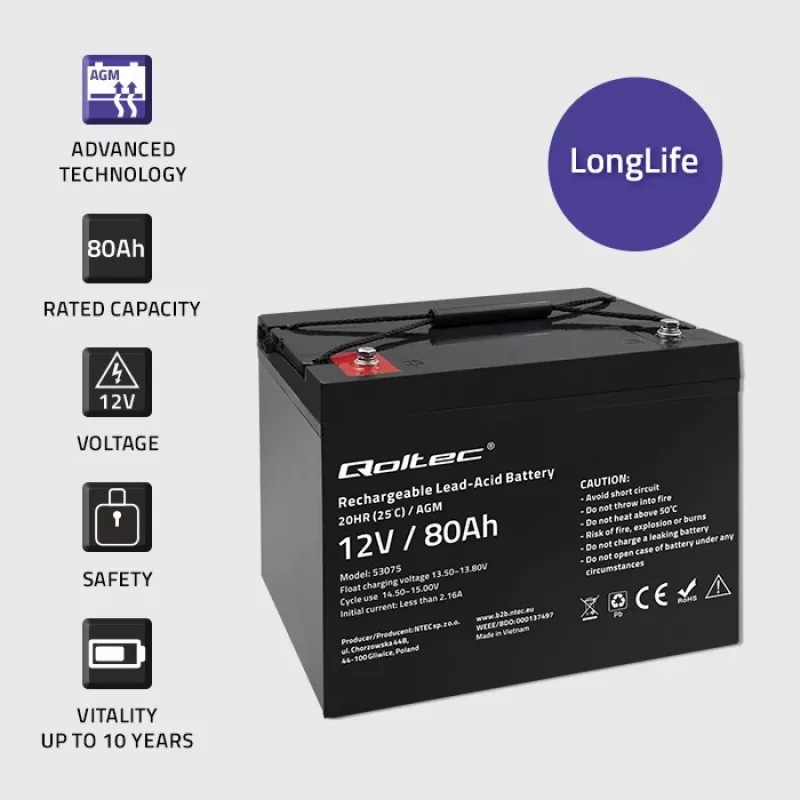 Bateria AGM Qoltec | 12V | 80Ah | 23,5kg | sem manutenção | potente | LongLife | para UPS, autocaravana, barco, forno