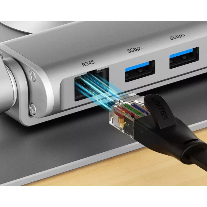Suporte para portátil Unitek D1109B01 — suporte ajustável em alumínio com USB-C HDMI 4K PD 100W removível, 2x USB-A, RJ-45, para até 17 polegadas