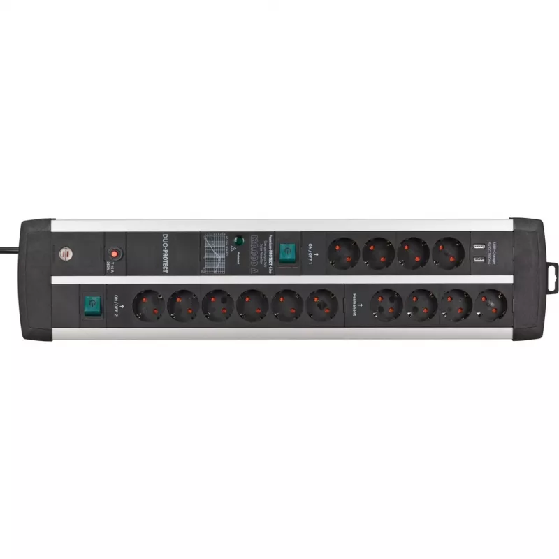 Régua de tomadas Premium-Protect-Line 14 tomadas Duo (preto/prateado, 3 metros, proteção contra sobretensão 120.000A, 2x USB)