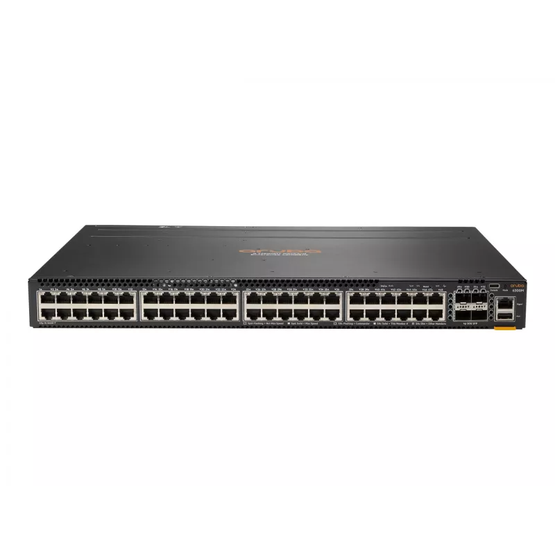 HPE - Aruba 6300M - Switch - L3 - gerido - 48 x 10/100/1000 (1 PoE+) + 4 x 1 Gigabit / 10 Gigabit / 25 Gigabit / 50 Gigabit SFP56 (Uplink / Stacking) Frente e lateral para trás