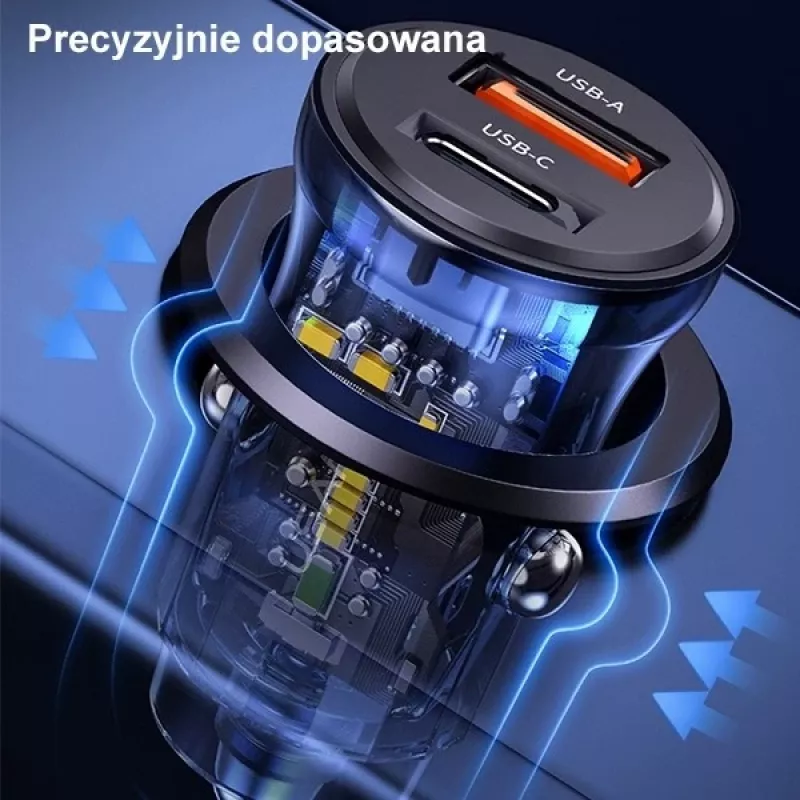 Carregador de automóvel usams CC164CC01 30W com 1×USB-A e 1×USB-C para carregamento rápido