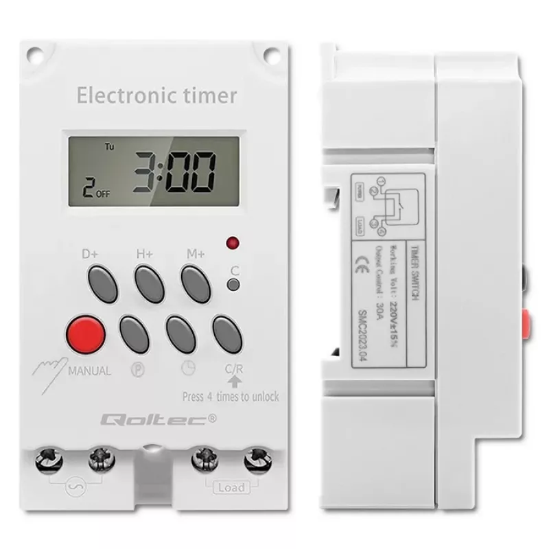 Temporizador eletrónico para calha DIN QOLTEC PC0629 — alimentação 24V, saída 16A