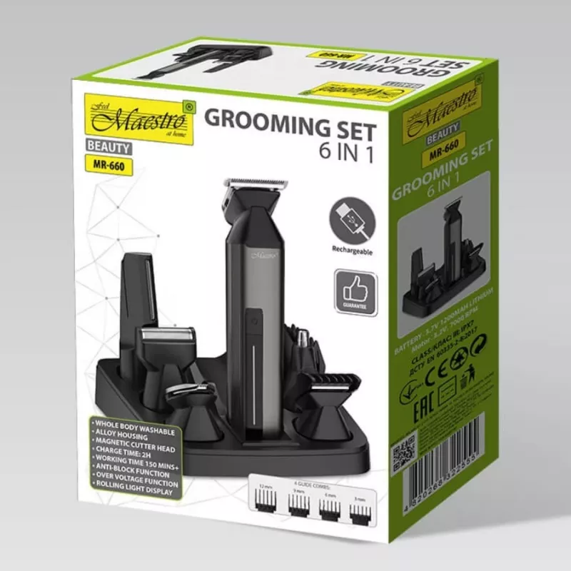 Conjunto de corte de cabelo Maestro MR-660 6-em-1 recarregável por USB com lâminas ajustáveis