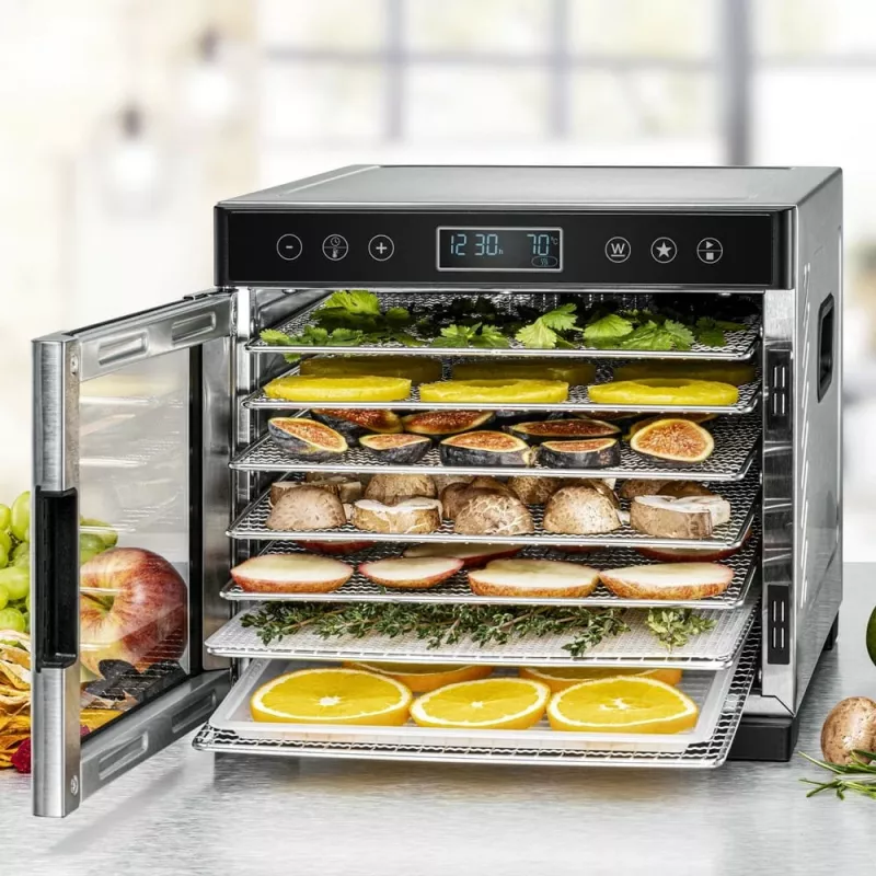 Rommelsbacher DA 650 desidratador de alimentos 600 W, 7 tabuleiros, 35–75 °C, temporizador 99 h, aço inoxidável/preto