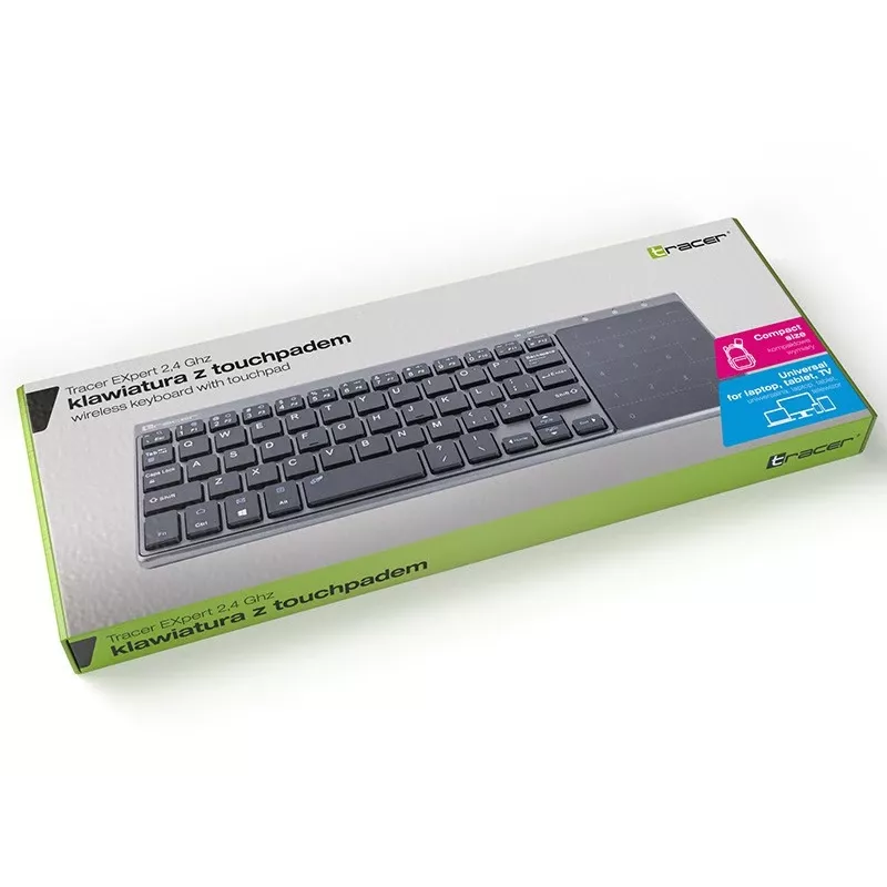 O Tracer EXpert RF é um teclado sem fios ergonómico de tamanho completo com disposição QWERTY, teclas de membrana e um design esguio preto e cinzento. Concebido para uso doméstico e de escritório, combina um touchpad integrado e teclas multimédia com uma ligação sem fios de 2,4 GHz para oferecer uma solução de introdução compacta para televisores, consolas, portáteis e PC clássicos.