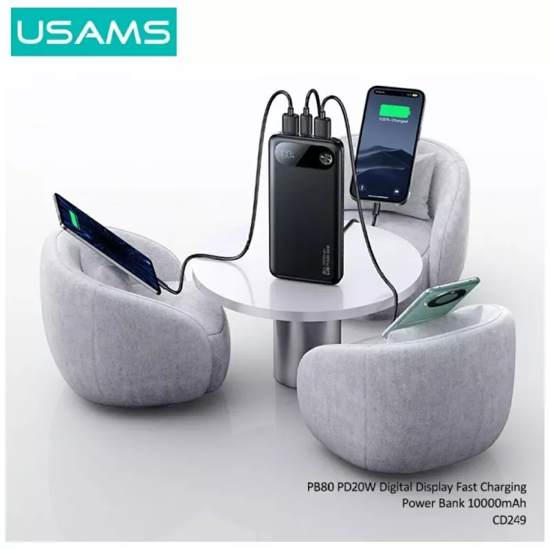 Powerbank usams PB80 PD20W 10000mAh — carregador portátil, preto