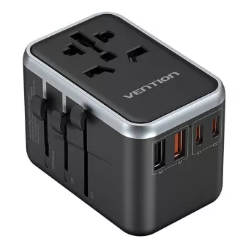 Adaptador de viagem Vention FJFB0 65W — 2× USB-C PD/PPS, 2× USB-A (QC/BC), saída HDMI, alumínio/preto