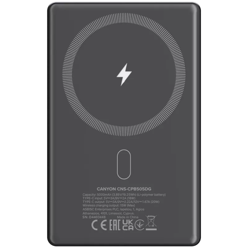 Canyon OnPower 505 - Powerbank - 5.000 mAh - entrada USB-C - saída USB-C PD 20W + Wireless Magnet 1