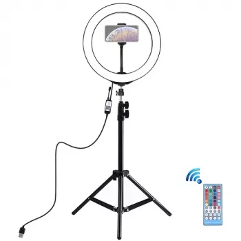 Anel de luz LED 26 cm com tripé até 1,1 m e suporte para telemóvel, USB