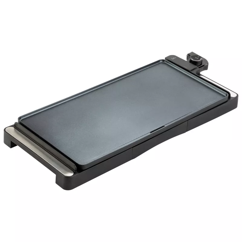 Grelhador de contacto Jata JEGR1245 — 2200 W, botão rotativo, retangular 655×255 mm, preto/prateado