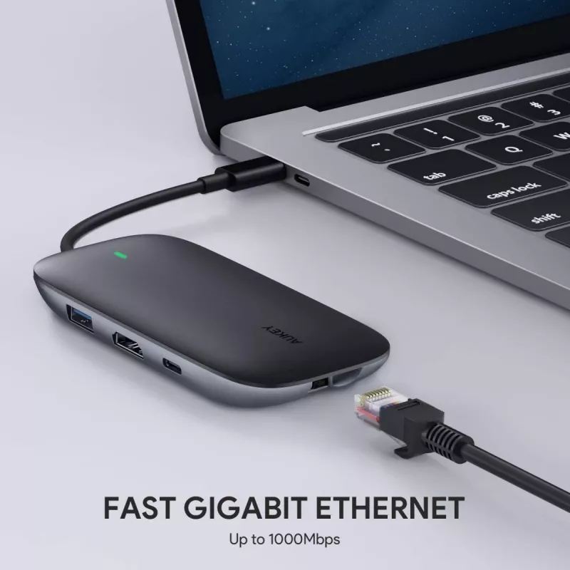 AUKEY CB-C71 hub USB-C 8 em 1, 3x USB-A 3.0, HDMI 4K@30Hz, Gigabit RJ45, SD/microSD, USB-C PD 100 W, cabo de 0,15 m, alumínio, preto