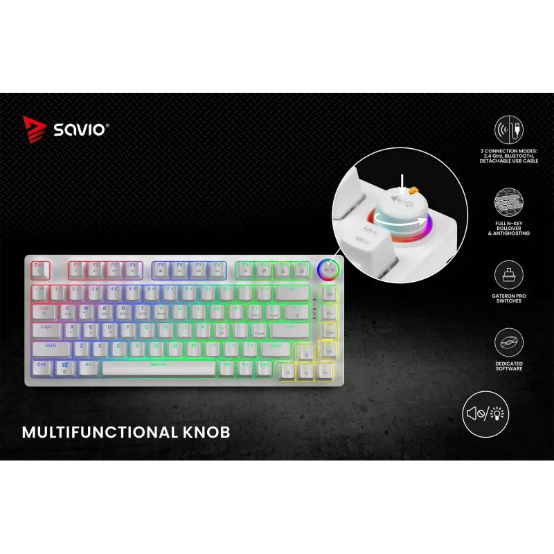 Teclado mecânico sem fios SAVIO PHENIX WHITE, Gateron Red Pro, ABS