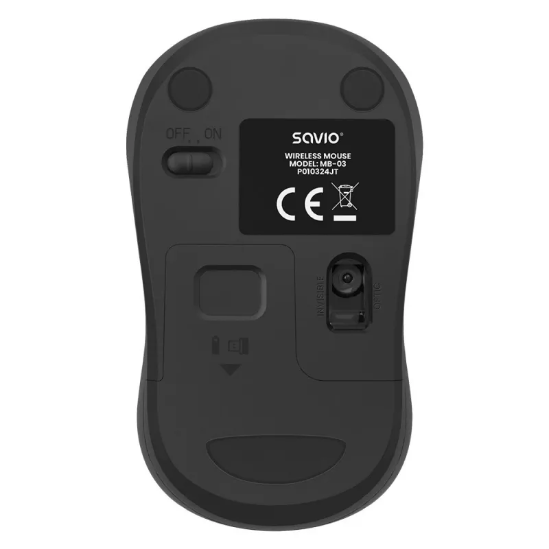 Savio MB-03 rato ótico sem fios, recetor USB de 2,4 GHz, 1000 DPI, 3 botões, pilha AA, 99x60x39 mm, 51 g, preto