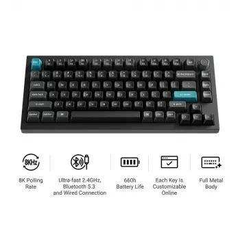 Teclado mecânico 75% Keychron Q1 Ultra 8K – USB + RF sem fios + Bluetooth, RGB, preto