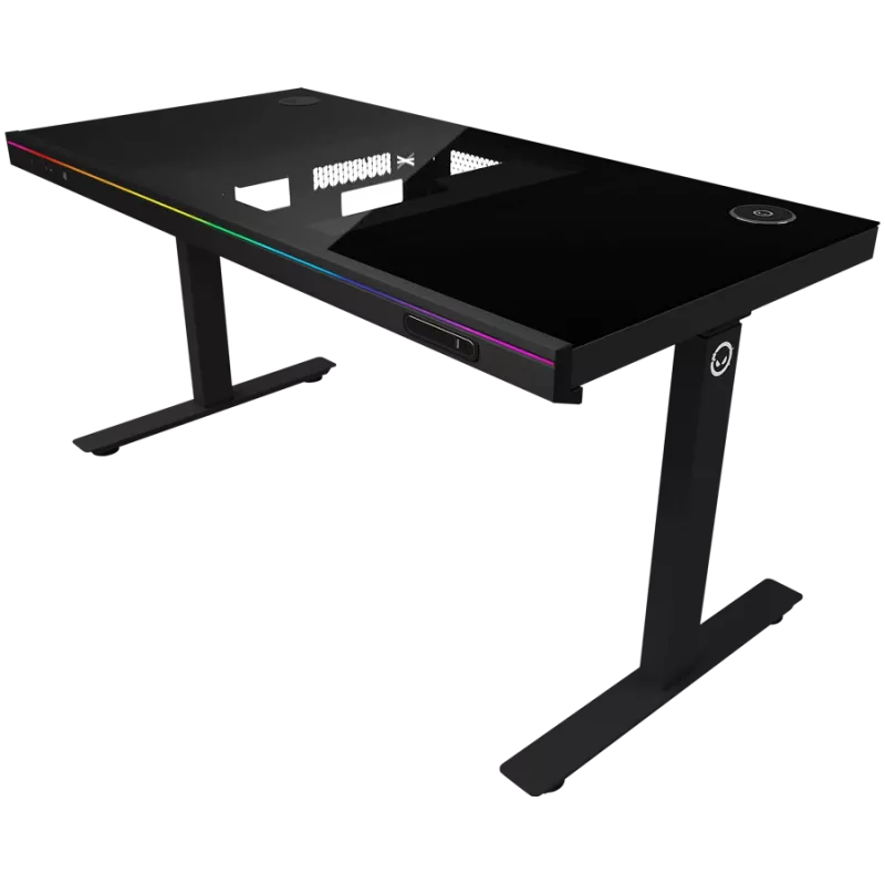 Secretária gaming de altura ajustável com motor duplo, função sentado/em pé, caixa de PC integrada, carregador sem fios, iluminação RGB, painel de controlo e portas USB, tampo em vidro temperado, preto.
