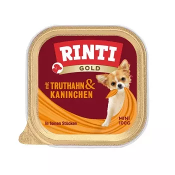 Comida húmida para cães RINTI Gold Mini — peru com coelho, alimento completo, 100 g travessa, para cães adultos pequenos (5–10 kg)