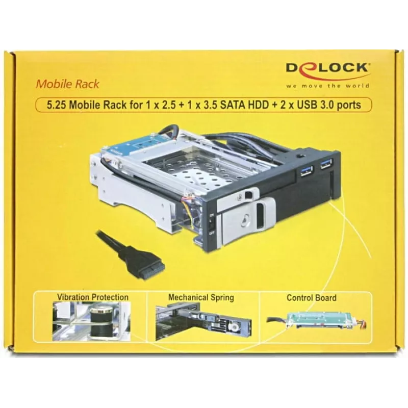DeLOCK 5,25 Mobile Rack para 1 x 2,5 + 1 x 3,5 SATA HDD + 2 x portas USB3.0 - rack de armazenamento móvel - 6,4 cm, 8,9 cm (2.5, 8,90cm (3.5)) (47209)