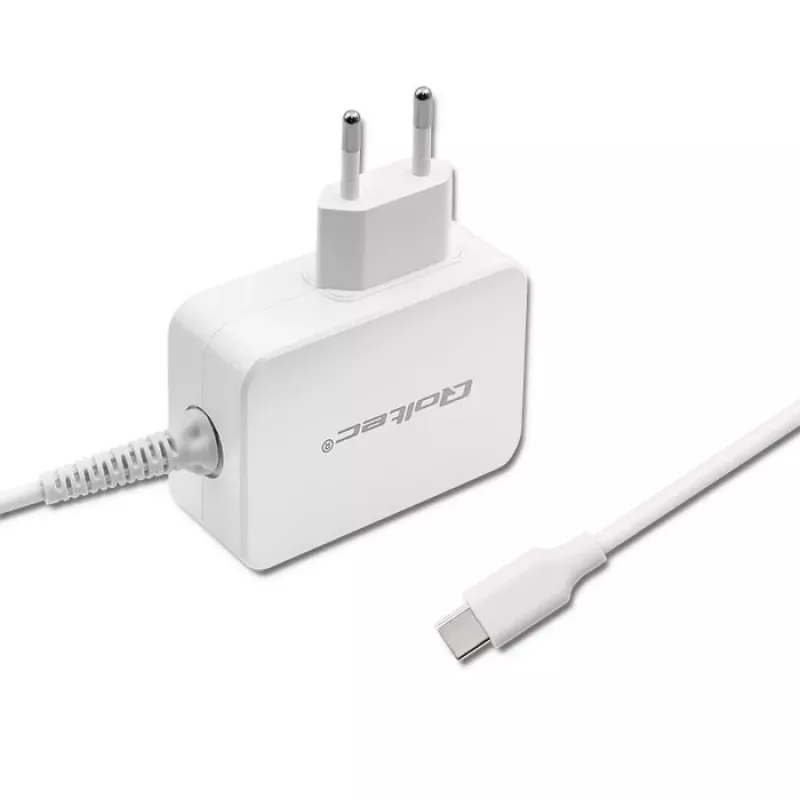 Qoltec 51039 adaptador de corrente 65 W USB-C PD, 5–20,3 V, 2–3,25 A, cabo USB-C integrado, branco