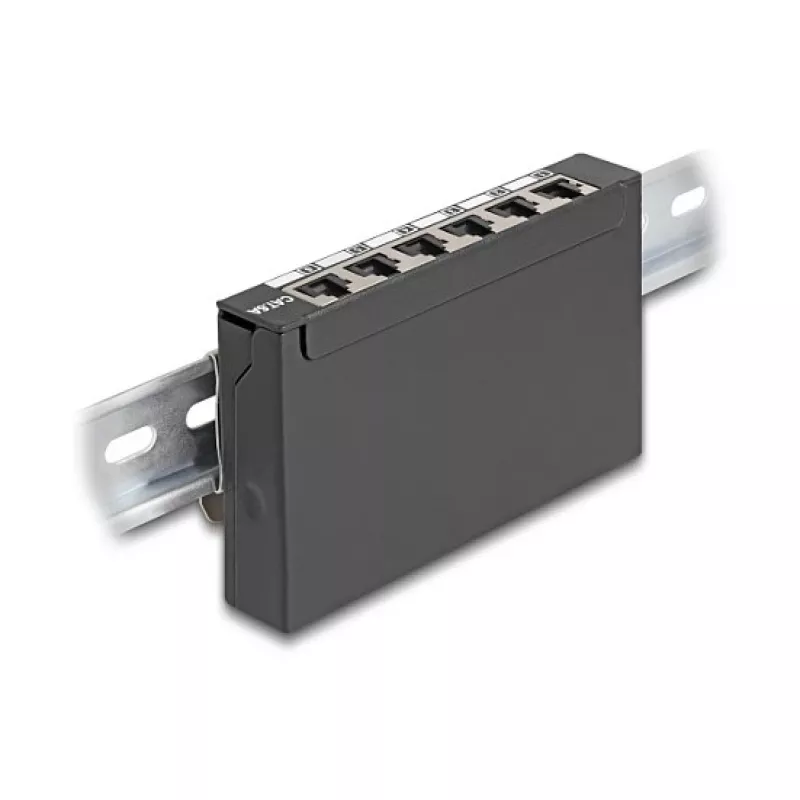 Patch panel DELOCK Mini Desktop RJ45 6 portas Cat.6A blindado, metal, preto, 80×22×125 mm