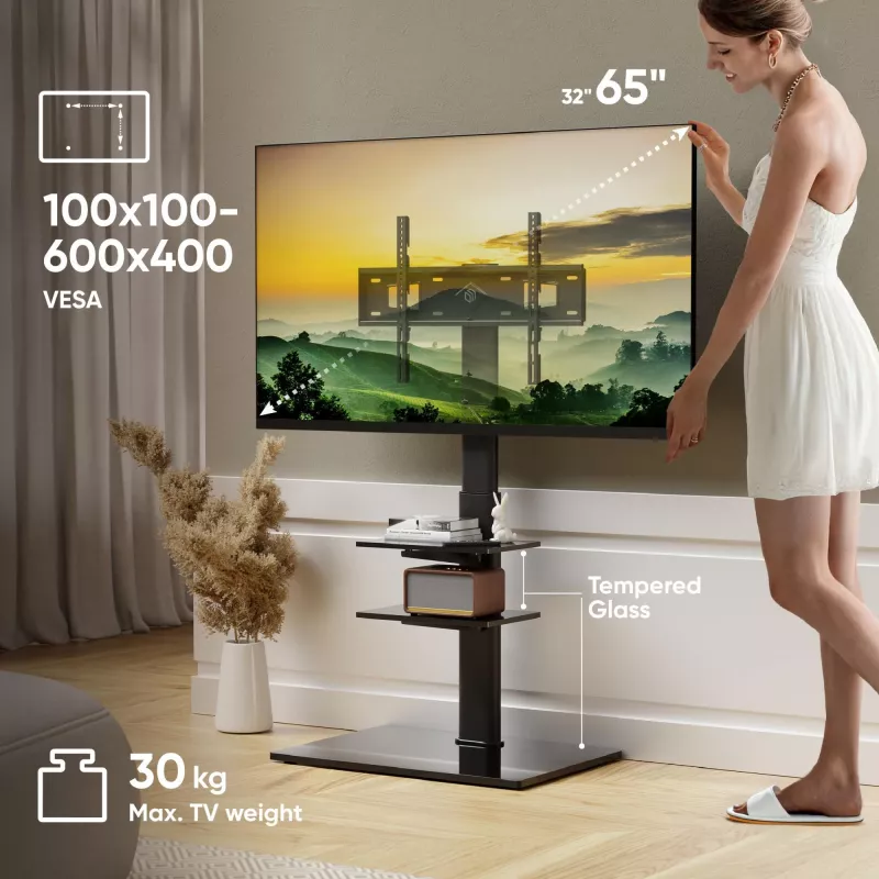 Base de TV ONKRON TS5550-B para 32–65 polegadas (81,3–165,1 cm), carga máx. 30 kg, VESA 100x100–600x400, altura 880–1080 mm, orientável ±25°