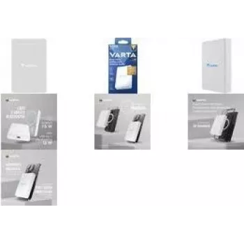Powerbank Varta Mag Pro Wireless 5000 — LiPo 5000 mAh, 3,7 V, carregamento sem fios, saída para 2 dispositivos, branco
