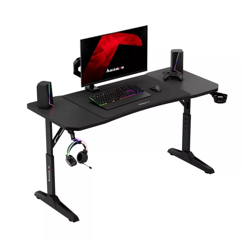 Secretária gaming huzaro Hero 3.6 — retangular 1400×600 mm, altura ajustável 560–790 mm, preto, pernas em H, tampo de 15 mm