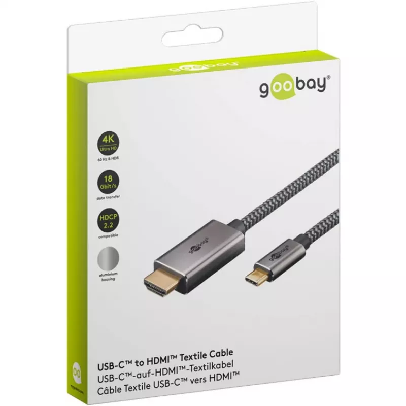 Cabo adaptador USB trançado, ficha USB-C > ficha HDMI, 4K / 60Hz (preto/prateado, 2 metros)