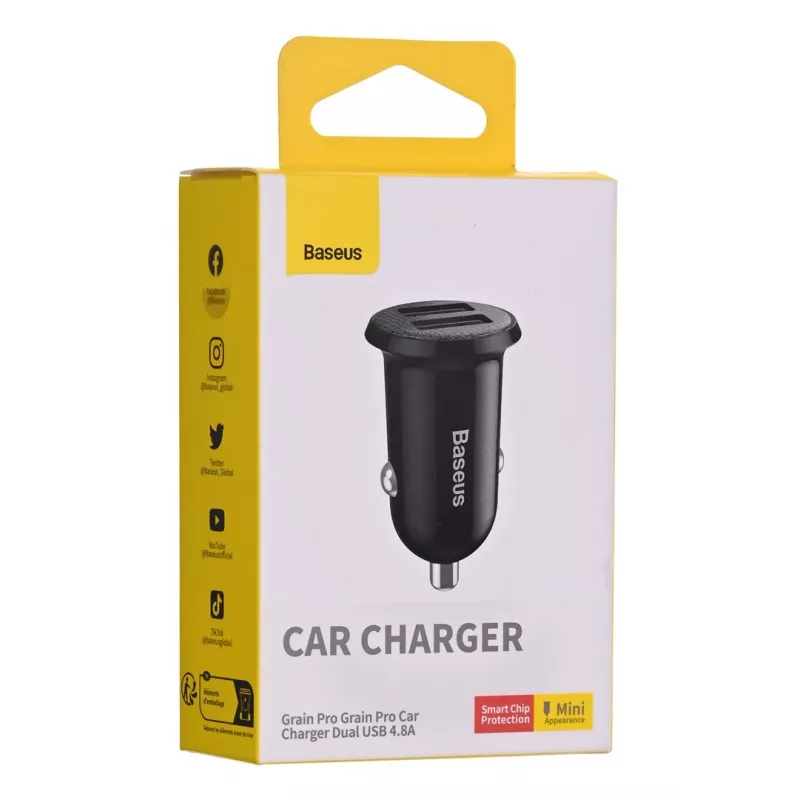 Carregador de automóvel Baseus Gain Pro universal preto – 2× USB 2.0, 2,4 A por porta, entrada 12–24 V, saída 5 V