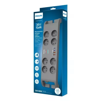 Régua de tomadas com proteção contra sobretensão Philips com 8 tomadas e 4×USB