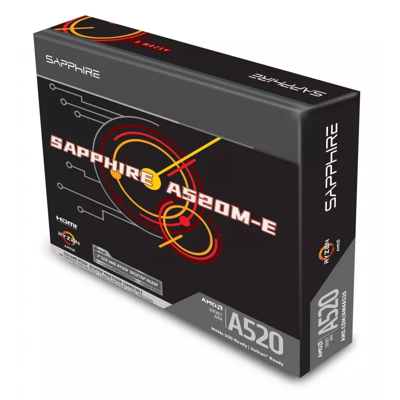 Placa-mãe Micro-ATX Sapphire A520M-E para socket AM4, chipset AMD A520, 2x DDR4 DIMM, máx. 64 GB, PCIe 3.0 x16/x1, SATA III, Gigabit LAN