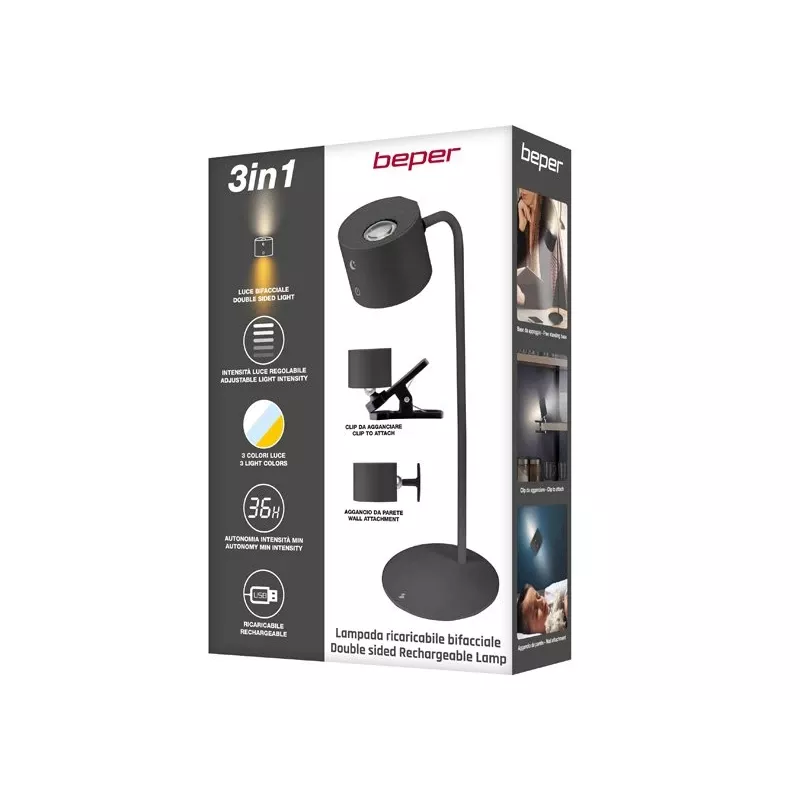 Beper P201UTP304 candeeiro LED recarregável com base magnética, mola e suporte de parede, 2,3 W, regulável, preto