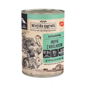 Comida húmida wiejskazagroda peru com coelho 400 g – alimento completo, peru e coelho, adulto, adequado para alérgicos