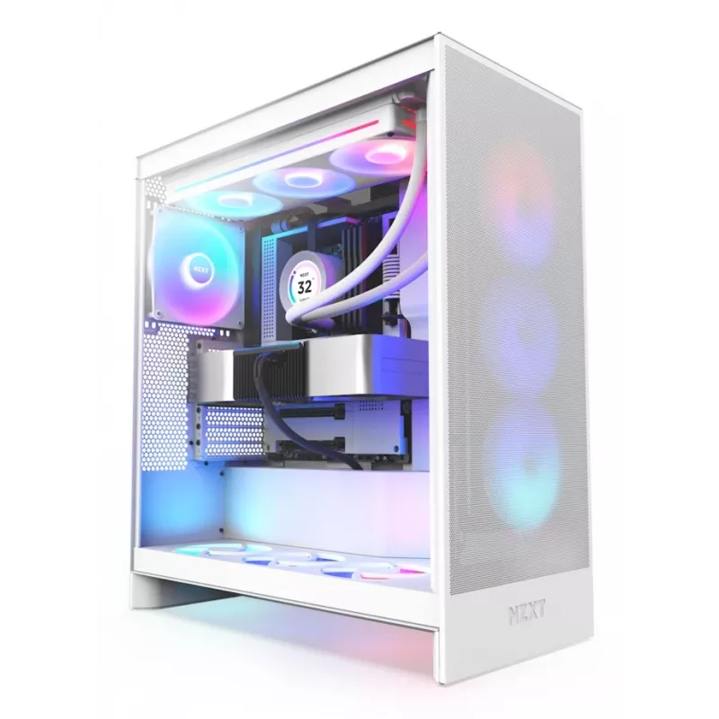 Caixa para PC NZXT H7 Flow RGB Midi Tower branca — vidro temperado, EATX, frente 3×120mm, USB-C
