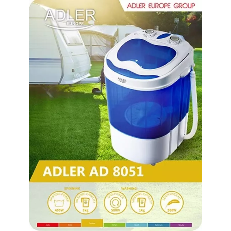 Adler AD 8051 máquina de lavar roupa de carga superior 3 kg com centrifugação, semiautomática, largura 38 cm, profundidade 37 cm, branco/azul