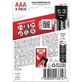 Pilhas Energizer alcalinas Max AAA LR03, 4 unid., embalagem ecológica