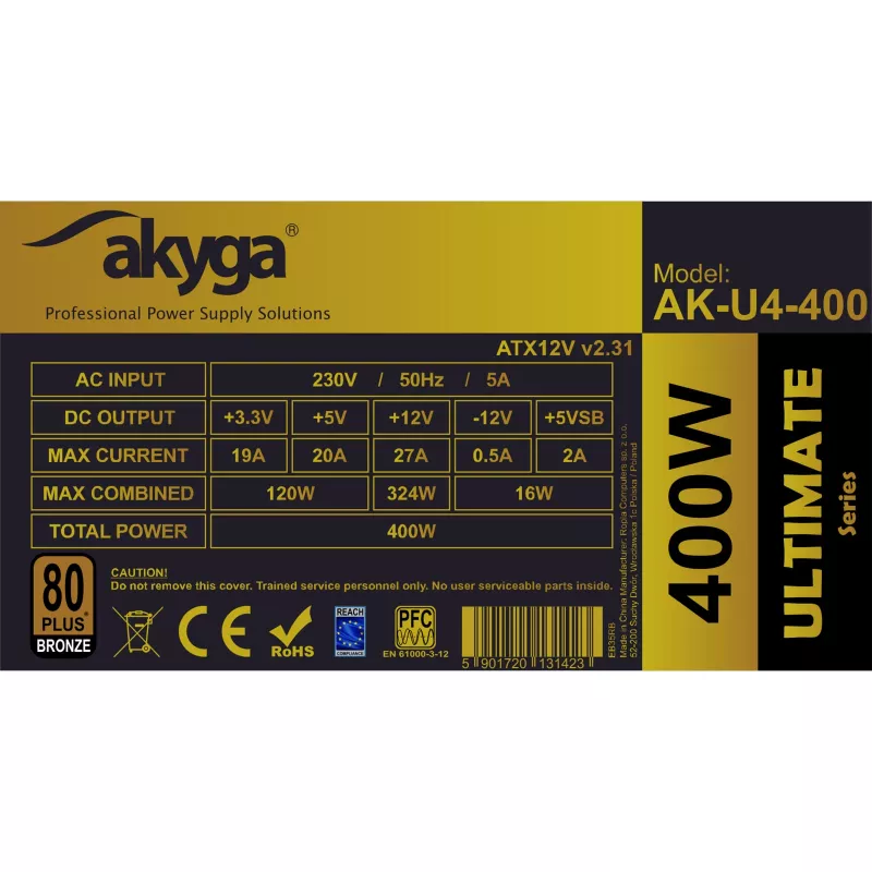 Fonte de alimentação ATX Akyga AK-U4-400 Ultimate 400 W, 80 PLUS Bronze, PFC ativo, ventoinha de 120 mm