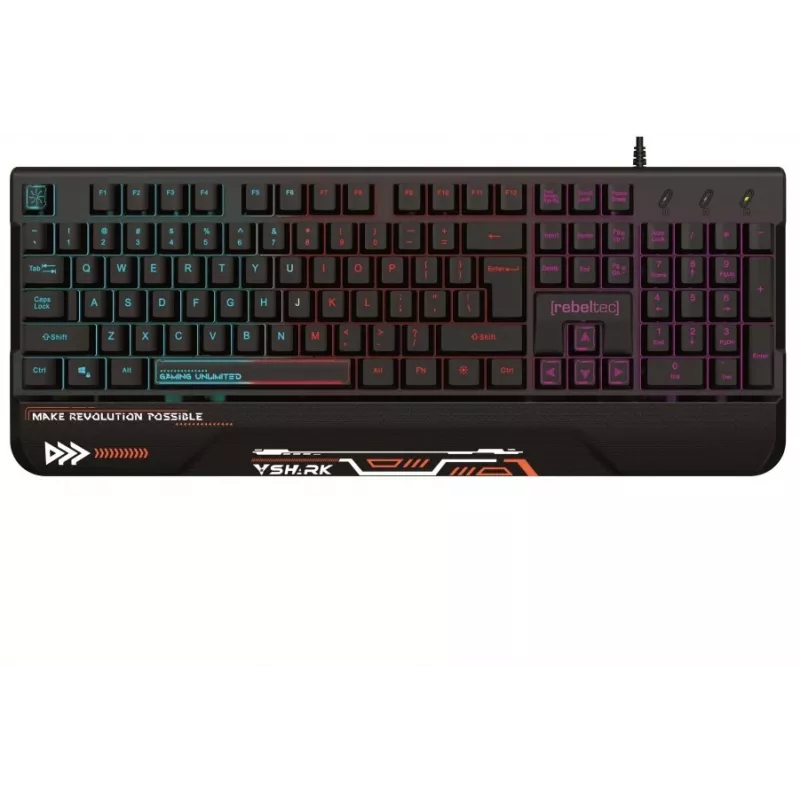 Rebeltec SHARK teclado gaming de tamanho completo, RGB, apoio de pulso integrado, à prova de água